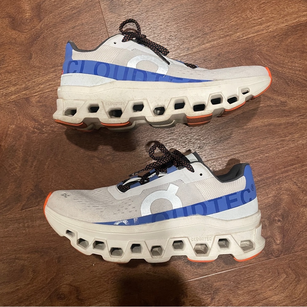 On Cloudmonster Shoes - White and Blue Size 7.5